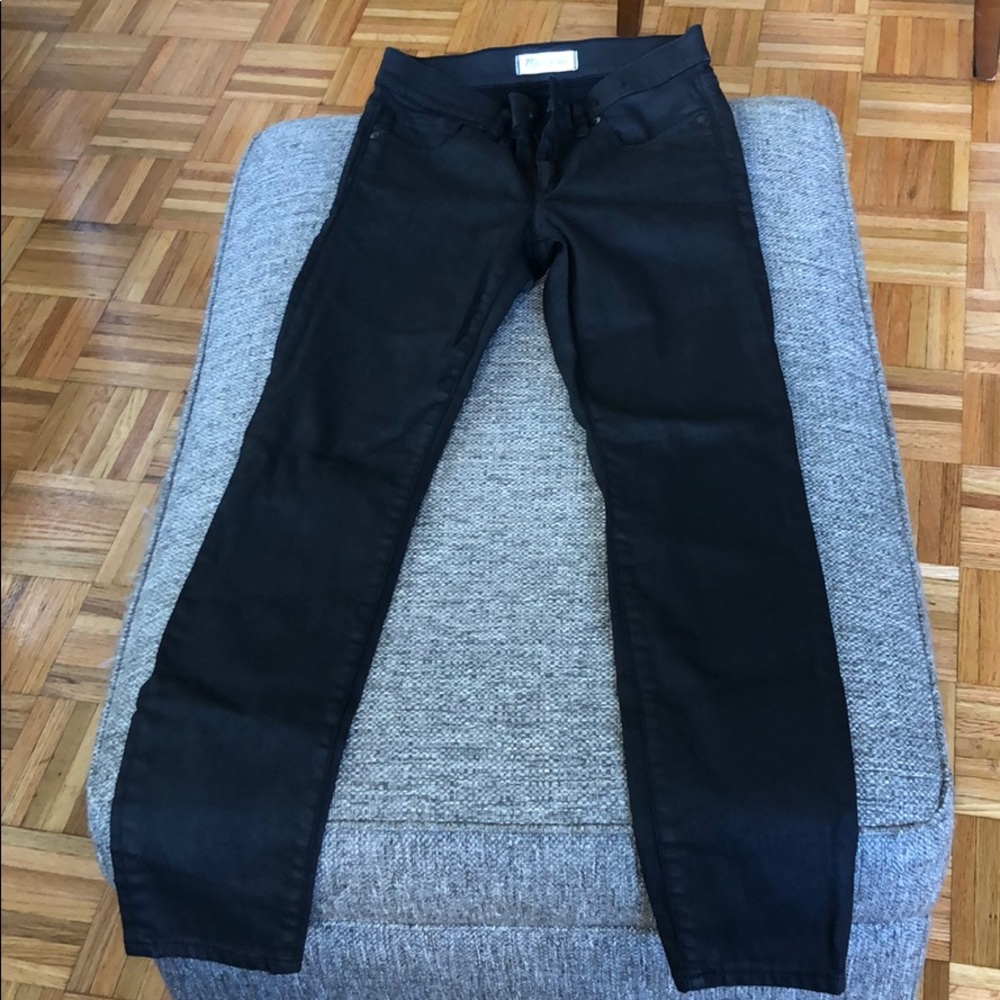 High rise black with sheen skinny jeans.